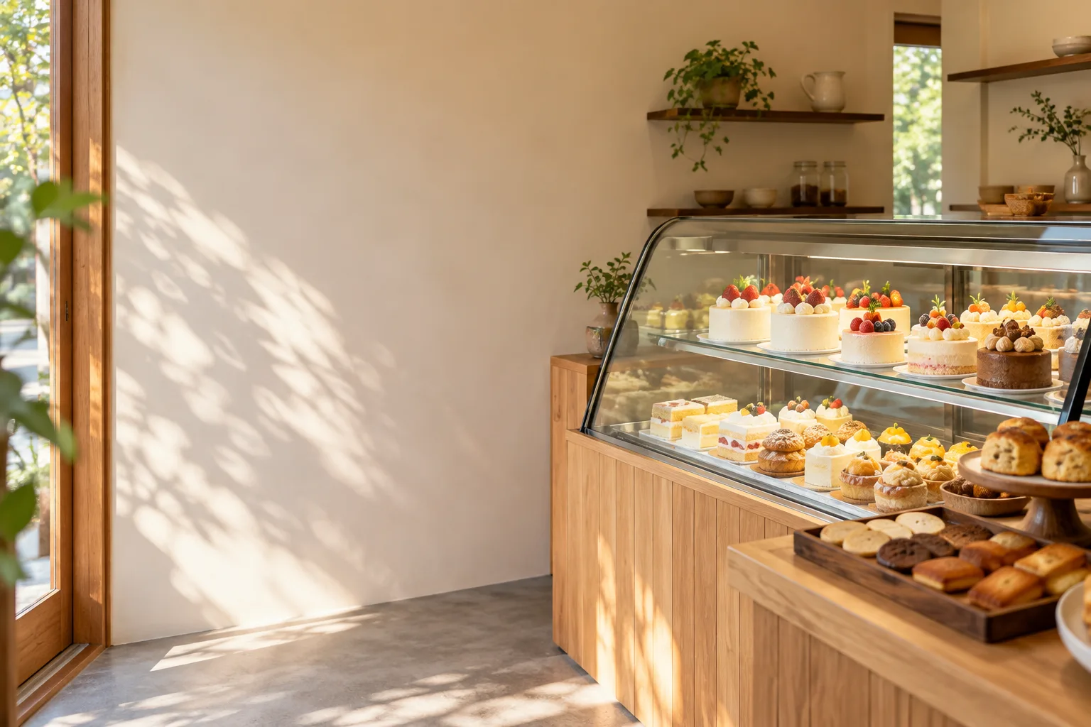 木のカウンターとケーキのショーケースがある小さな洋菓子店